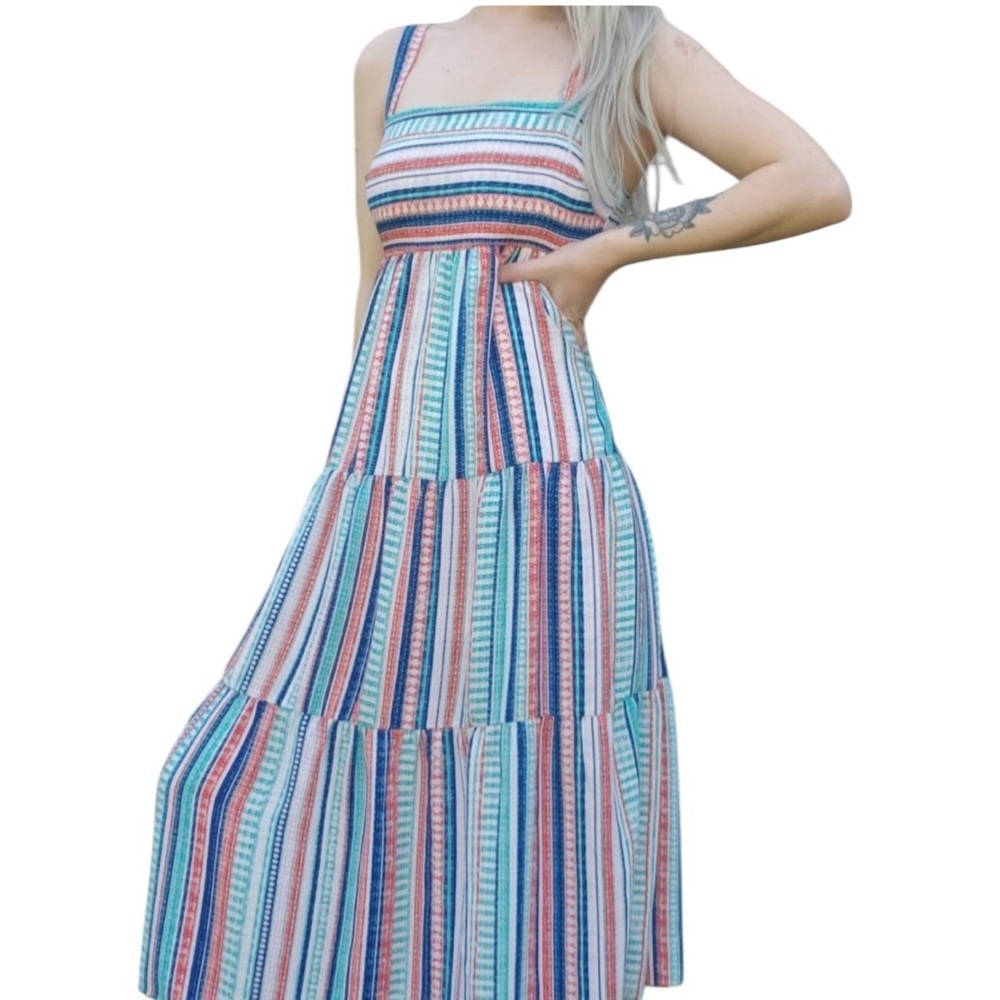 One Clothing Womens Sleeveless Midi Dress White Stripes Tiered Square Neck Smock